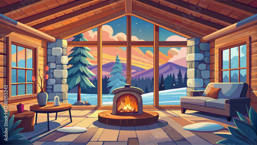 Very beautiful cozy cabin interior with a stone fireplace and snowy forest view through the window, vector-style illustration emphasizing warmth and rustic elegance.