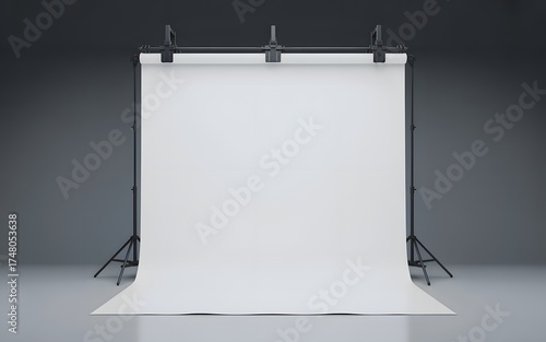 An empty photo studio with a white backdrop, perfect for capturing any creative scene. The studio equipment is ready for the next project