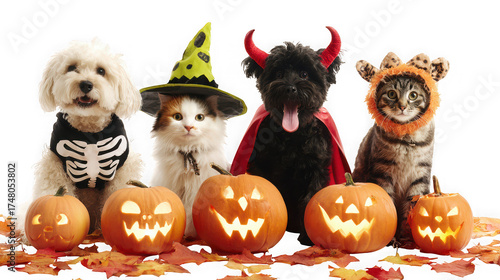 Group of cute pets including dog, cat, and kitten dressed in halloween costumes with carved pumpkins isolated on transparent background