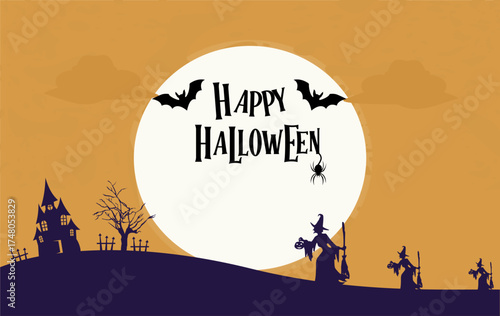 Halloween party card template - spooky castle, dead tree, full moon, bats and witches carrying pumpkins. Vector illustration.