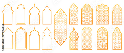 Golden Ramadan arch collection with ornament patterns and iIslamic geometric designs for mosque decoration. Traditional window frames with motifs and arabesque details. Sacred architecture elements