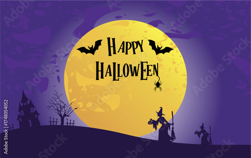 Halloween party card template - spooky castle, dead tree, full moon, bats and witches carrying pumpkins. Vector illustration.
