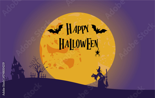 Halloween party card template - spooky castle, dead tree, full moon, bats and witches carrying pumpkins. Vector illustration.