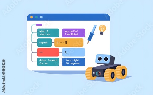 An educational illustration depicting coding with a robot and flowchart diagrams