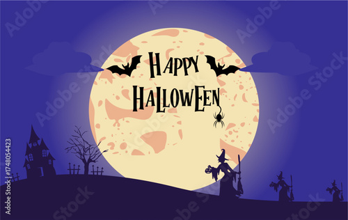 Halloween party card template - spooky castle, dead tree, full moon, bats and witches carrying pumpkins. Vector illustration.