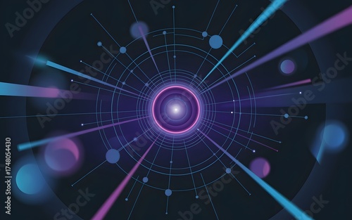 Abstract visualization of a central point emitting light beams, representing data flow or technological progress