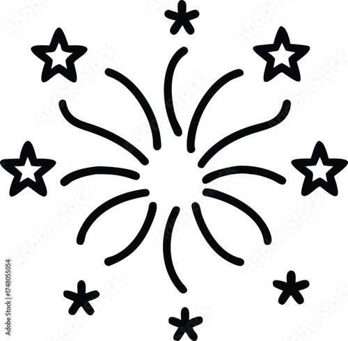 Simple black line art of a sparkler firework burst with stars, a celebratory event, a festive explosion, and an abstract design element. Perfect for designs related to parties, holidays, events.