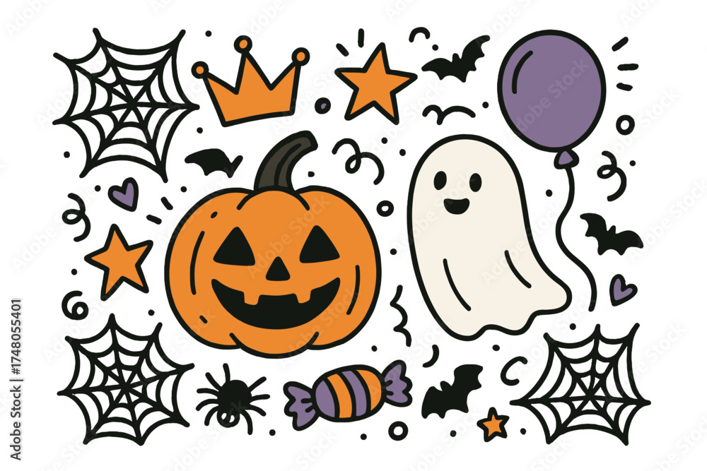 Fototapeta premium Halloween Doodle Fun. Halloween fair illustration doodle style: hand drawn jack-o-lantern with smile, ghost, crown, star, balloon,