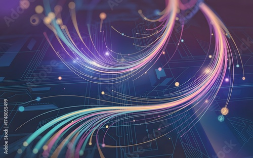 Abstract visualization of data flow, illuminated with vibrant colors and complex patterns, depicting connectivity and technological advancement