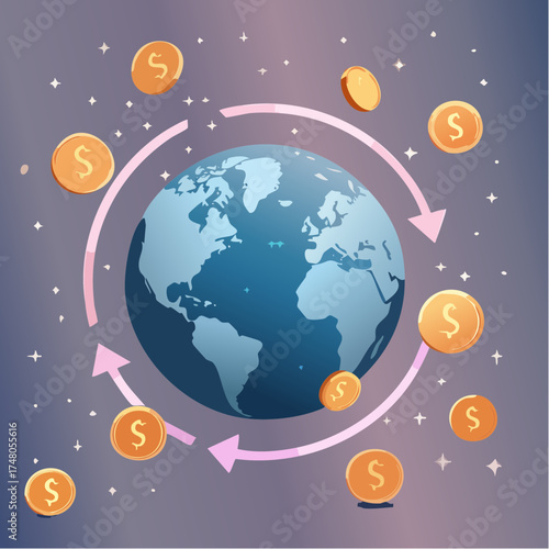 A glowing globe spinning while surrounded by floating coins and arrows representing global finance.