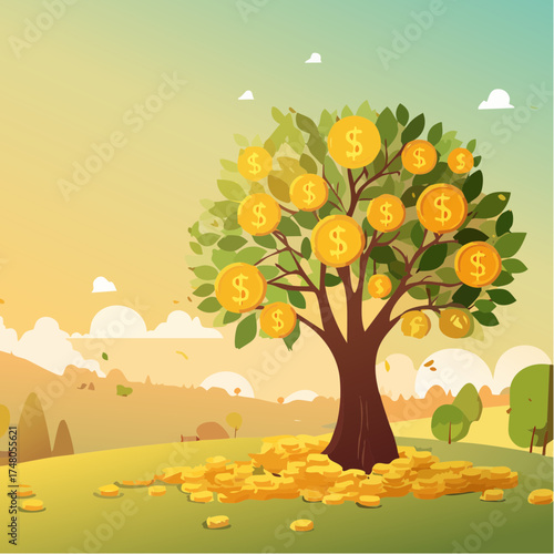 A money tree with tiny gold coins growing as fruit basking under the morning sunlight.