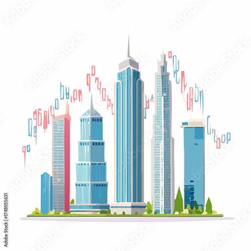 A futuristic stock market illustration with towering skyscrapers shaped like candlestick graphs.