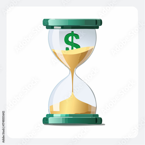 An hourglass stands with the sand quickly draining into a large dollar sign engraved in the base.