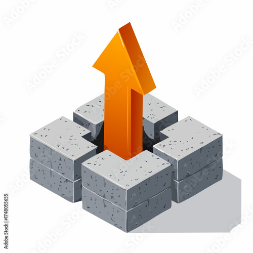 A growing three-dimensional arrow graph dramatically pierces through a solid, thick foundation of concrete blocks.