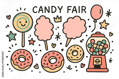 Sweet Doodle Wonderland. Candy fair illustration doodle style: hand drawn lollipop with smile, cotton candy, crown, star, balloon,