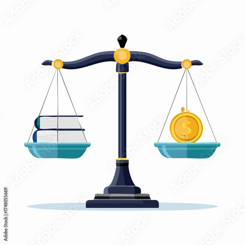A large, antique scale balances perfectly with one side holding a single gold coin and the other a heavy ledger book.