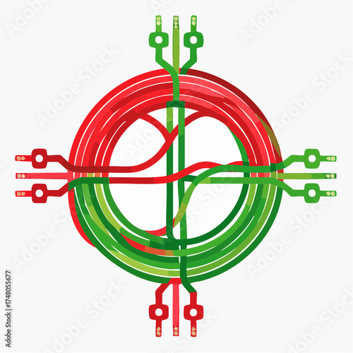 A tangled knot of red and green electrical wires abruptly straightens into a single, clear, efficient circuit.