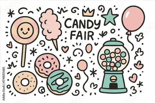 Sweet Doodle Wonderland. Candy fair illustration doodle style: hand drawn lollipop with smile, cotton candy, crown, star, balloon,