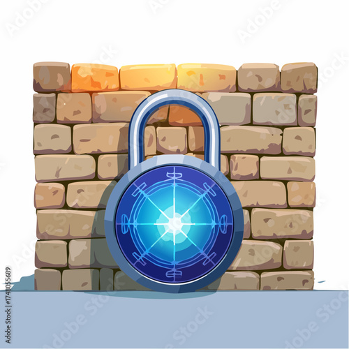 An oversized, heavy padlock secures a glowing bitcoin symbol etched onto a weathered, ancient stone wall.