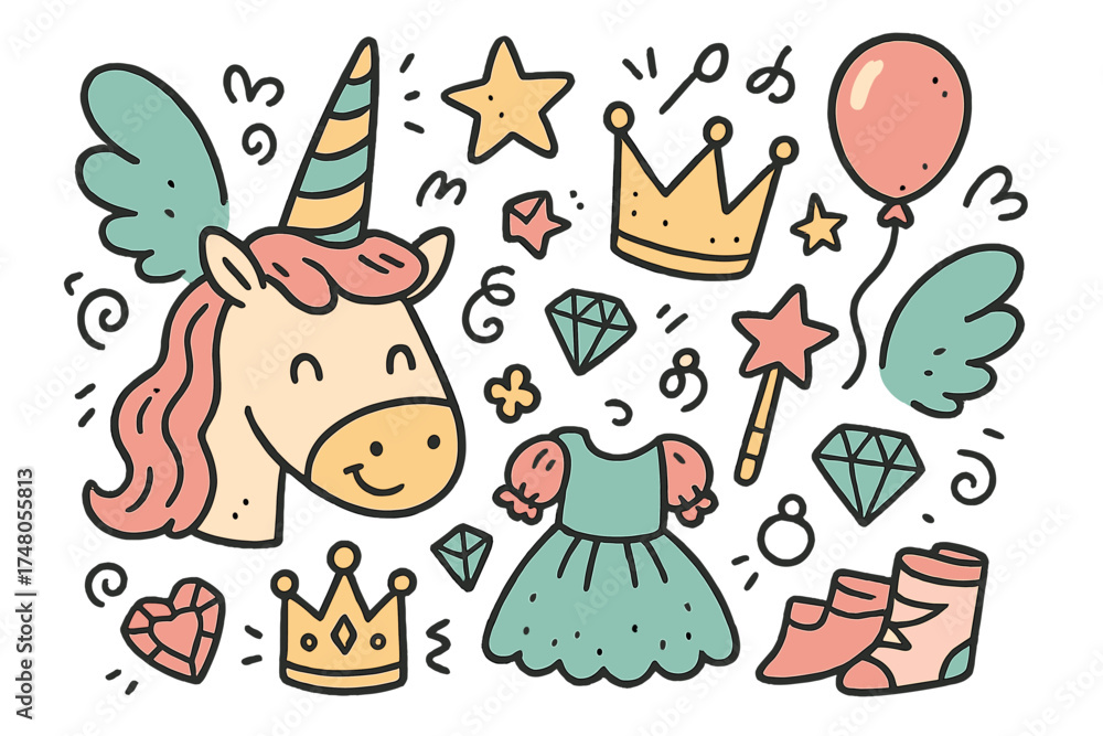 Obraz premium Fantasy Fan Fair. Fantasy fan fair illustration doodle style: hand drawn unicorn horn with smile, crown, star, balloon, costumes,