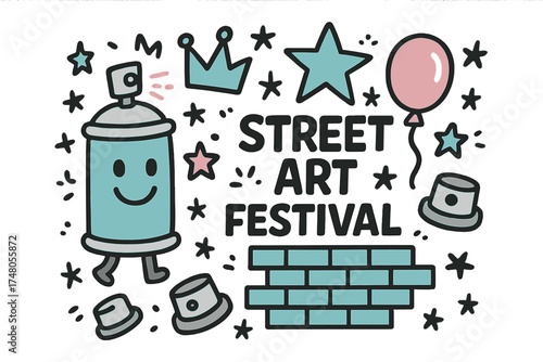 Spray Can Doodle. Street art festival illustration doodle style: hand drawn spray can with smile, crown, star, balloon, graffiti