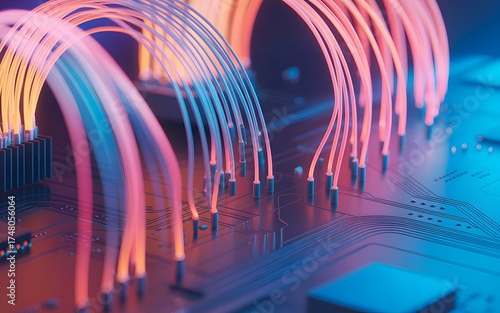 Fiber optic cables create stunning display with vibrant lights. Technology background, communication and internet network concept