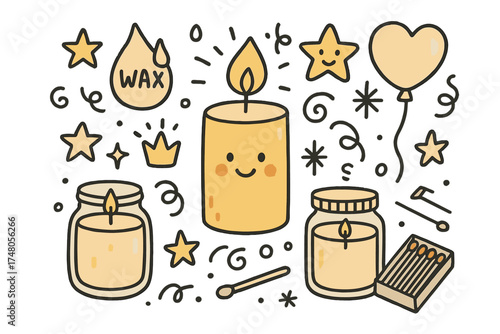 Candle Making Doodle. Candle making hobby illustration doodle style: hand drawn candle with smile, crown, star, balloon, wax, jars