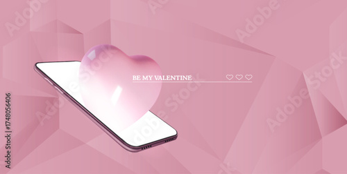 Phone Valentine day mockup with glossy heart and romantic message for dating app or greeting design. Pink geometric background, modern device and love message. Digital romance concept presentation.