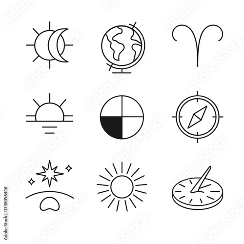 Spring Equinox navigation and celestial icons — sun, moon, Earth, compass, vector icon set isolated