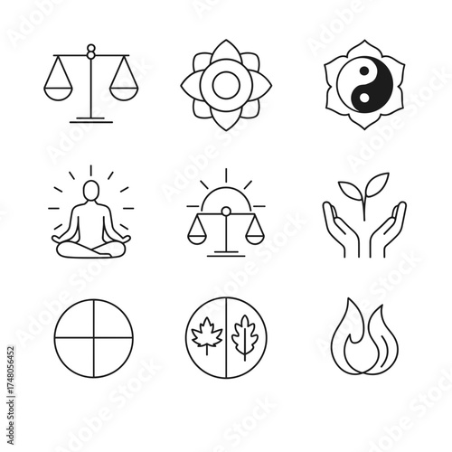 Spring Equinox line icons — balance, meditation, yin yang, renewal, fire, vector icon set isolated