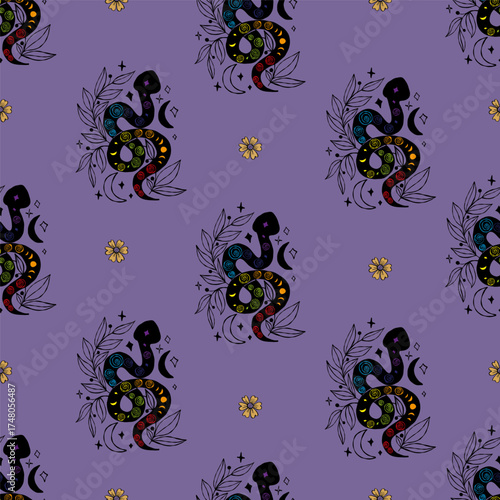 Mystical Seamless Pattern with Snake Kundalini with Colorful Chakra, Celestial Moon and Plants on Dark Purple Background. Repeating Textured Hand Drawing Doodle Template. Vector illustration. Not AI