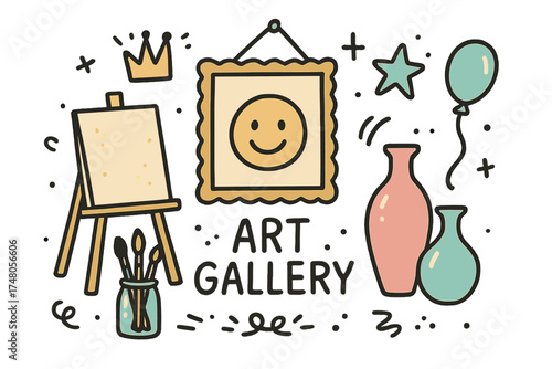 Art Gallery Doodles. Art gallery day illustration doodle style: hand drawn painting frame with smile, crown, star, balloon, easel,