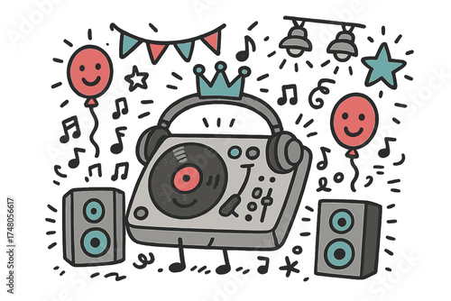 Playful DJ Party. DJ party illustration doodle style: hand drawn turntable with smile, crown, star, balloon, headphones, speakers,