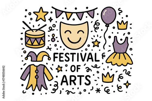 Wallpaper Mural Festival Art Doodles. Festival of arts illustration doodle style: hand drawn mask with smile, crown, star, balloon, garlands, Torontodigital.ca