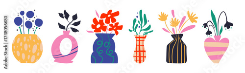 Doodle vase set with flower bouquets for decorative illustration or greeting cards. Colorful containers, botanical elements and patterned pottery with blooms. Organic style floral compositions.