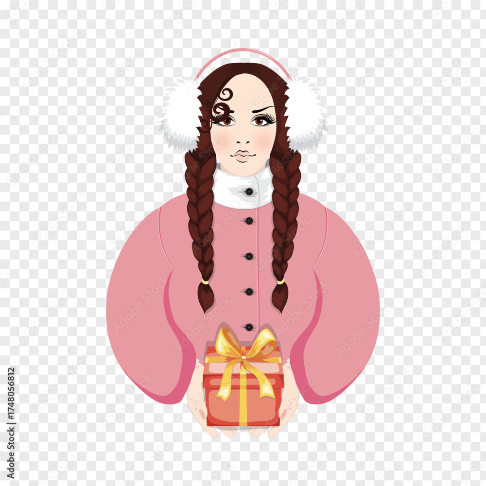 Obraz premium Brunette Woman with braids wearing pink coat and warm headphones gives away a present, isolated on transparent background, vector (EPS) illustration