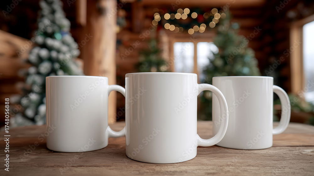 Fototapeta premium Cozy Christmas mugs set on rustic wooden table with festive background