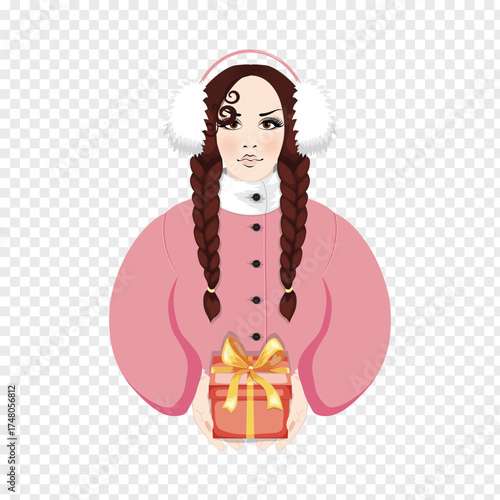 Brunette Woman with braids wearing pink coat and warm headphones gives away a present, isolated on transparent background, vector (EPS) illustration