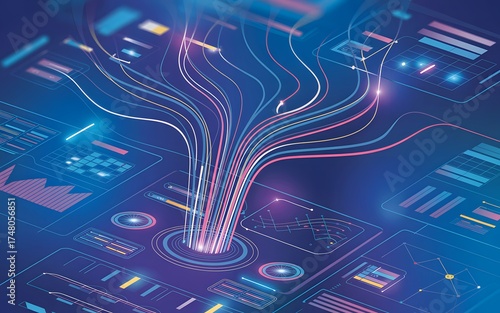 Futuristic digital abstract showcasing data streams and technology concept. The image is a visualization of interconnected data streams and a hub