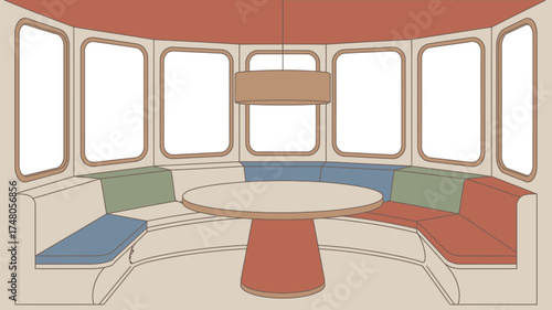 Illustration of a dining area with a round table surrounded by a curved seating arrangement and windows