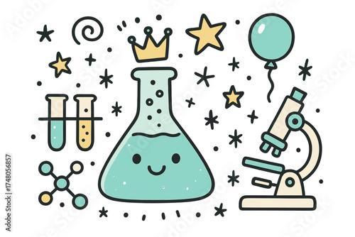 Doodle Science Fair Fun. Science fair illustration doodle style: hand drawn flask with smile, crown, star, balloon, test tubes,