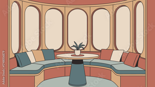 Illustration of a curved booth seating area with windows and a plant on a round table center