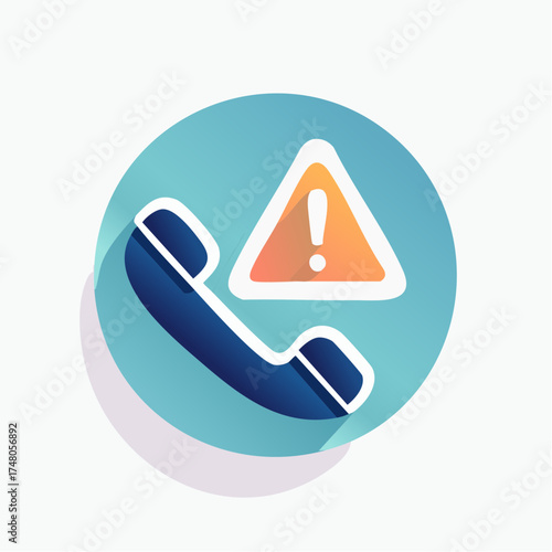 A modern flat design icon of a telephone receiver with a warning sign, symbolizing a spam call or communication alert.