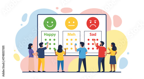 A diverse group of individuals actively participates in a feedback survey, expressing their satisfaction levels on a large visual board.