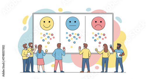 A diverse team of people actively participates in a modern feedback session, rating their satisfaction levels on a large digital display with expressive emoji icons.