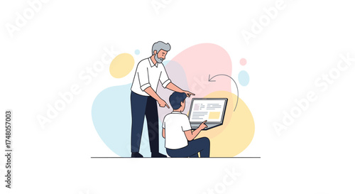 An experienced mentor provides valuable guidance to a young student utilizing a laptop for modern education and skill development.