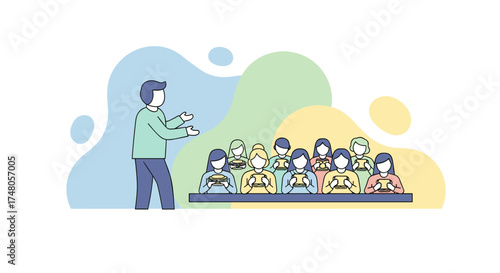 A modern flat illustration showing a speaker presenting information to an attentive audience in a professional and engaging educational setting.