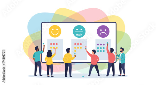 A diverse team of individuals collaboratively evaluates and measures customer satisfaction using a visual feedback system displayed on a large screen.