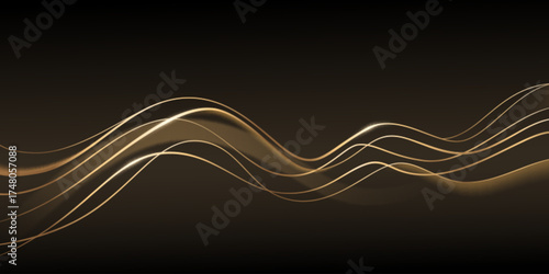 Flowing golden wave patterns with luminous glow effect on black background for luxury design or elegant branding. Silk curves and abstract light streams. Premium wallpaper with magic flow ribbon.