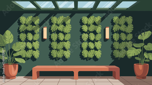 A room with plants on the wall and potted plants with a bench under a skylight in a cartoon style